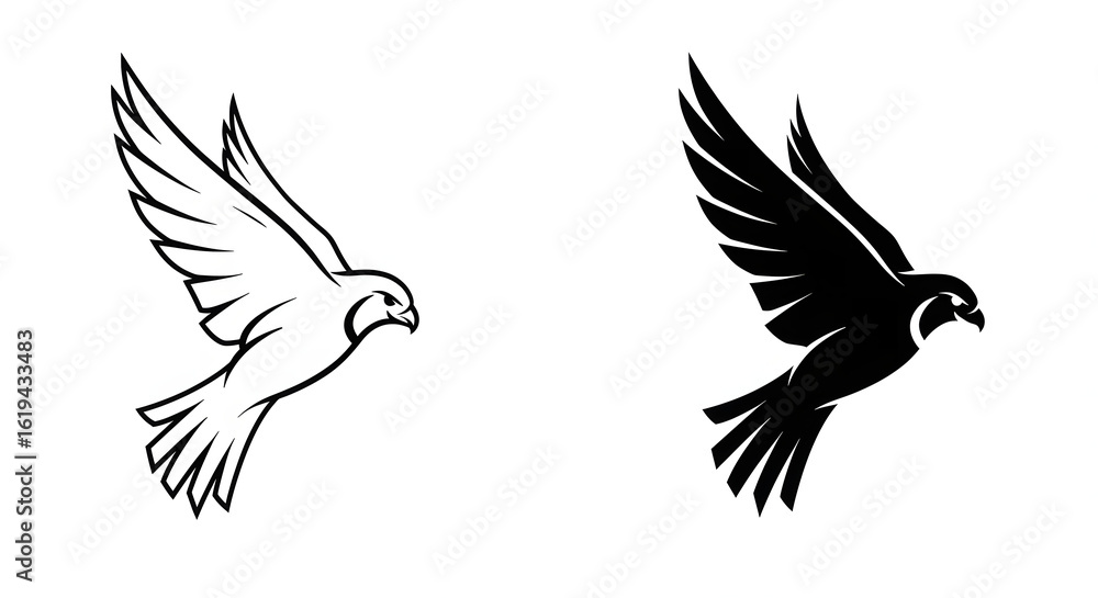 Fototapeta premium Soaring Falcon in Flight: Dynamic Outline and Powerful Silhouette for Nature, Freedom, and Sport Designs