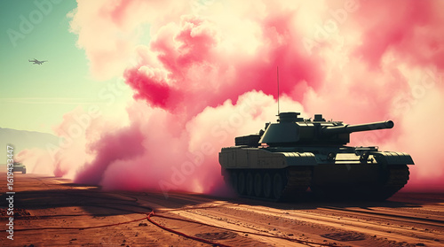 Grey Tanks in Pink Smoke Clouds on a Desert Battlefield landscape background,