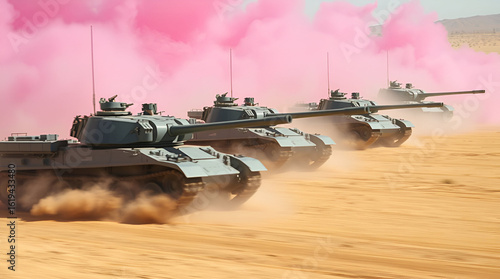 Grey Tanks in Pink Smoke Clouds on a Desert Battlefield landscape background,