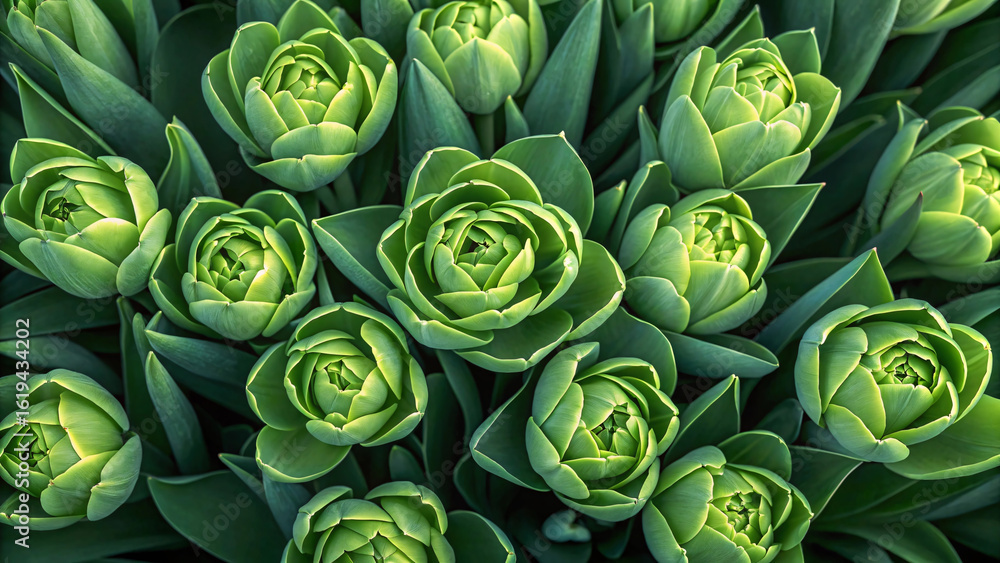 Obraz premium Fresh green tulip buds arranged naturally, showing unopened flowers with pointed petals and vibrant green foliage in garden setting.