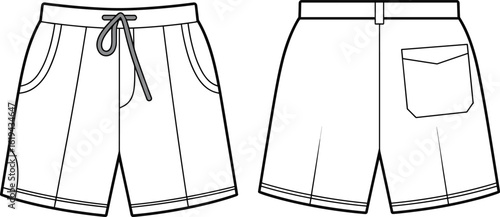 Unisex casual drawstring shorts fashion flat sketch template, comfortable summer loungewear garment, side pockets, back patch pocket, front and back views, vector illustration design.