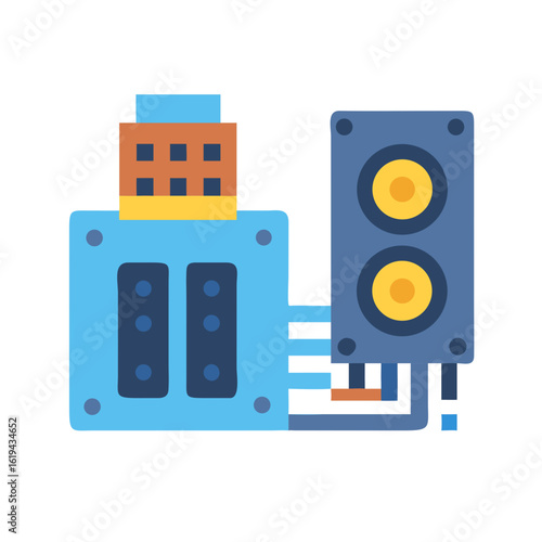 Colorful flat vector illustration of vintage synthesizer and speakers
