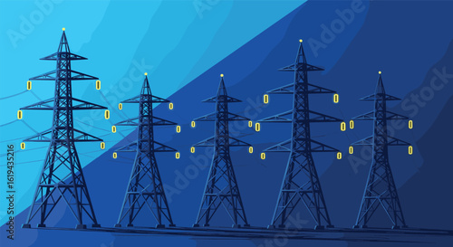 Digital smart grid power lines vector illustration, modern electricity transmission towers with binary data flow and futuristic energy network concept