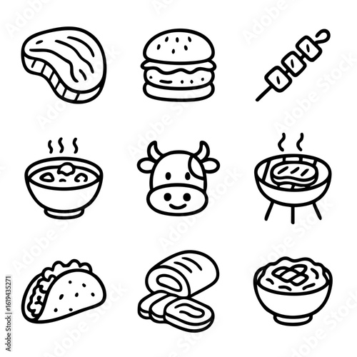 A set of doodle line icons representing beef dishes, steak, burger, barbecue, grilled meat, tacos, kebabs, and cooking