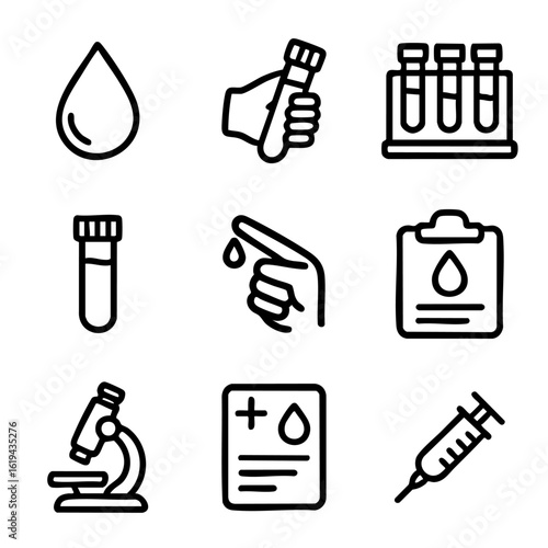 A set of doodle line icons representing blood tests, lab samples, medical diagnostics, syringes, and laboratory research tools