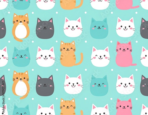 Cute cartoon cats in a repeating pattern on a light teal background (1)