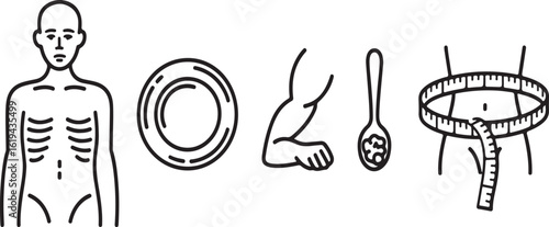 Doodle Line Icons Representing Malnutrition Thin Body Silhouette, Empty Plate, Weak Muscle, Spoon with Few Grains, and Measuring Tape