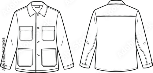 Unisex workwear chore jacket fashion flat sketch template, durable casual utility-style outerwear, multiple patch pockets, shirt collar, front and back views, vector illustration design.
