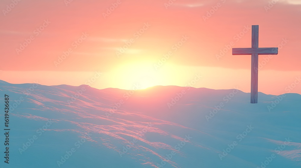 Obraz premium Wooden cross on a snow-covered hill at sunrise.