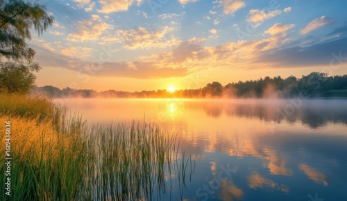 Wallpaper Mural Serene lake at sunset with rocky shoreline, lush greenery, and vibrant orange sky reflecting on calm water, creating a peaceful natural landscape perfect for relaxation and nature themes Torontodigital.ca