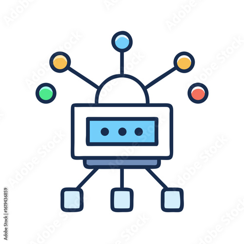 Stylized network server icon with connected colorful data points