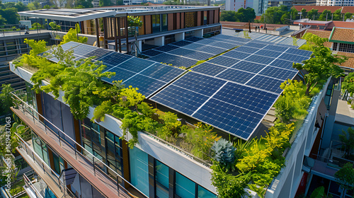 Aerial view of building with solar panels and greenery on the roof in an urban environment setting .