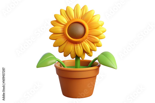 3D Cute cartoon sunflower in a terracotta pot isolated on transparent background
