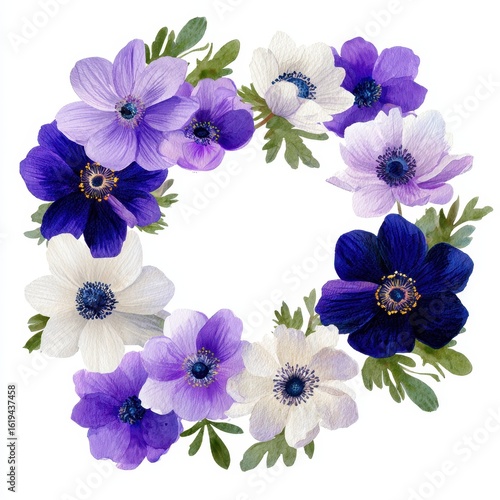 Floral wreath of purple and white anemones
