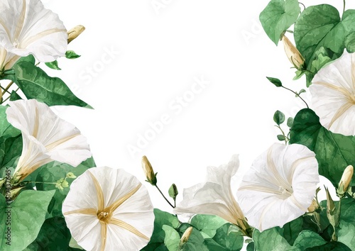 Floral frame of white trumpet flowers and lush green leaves