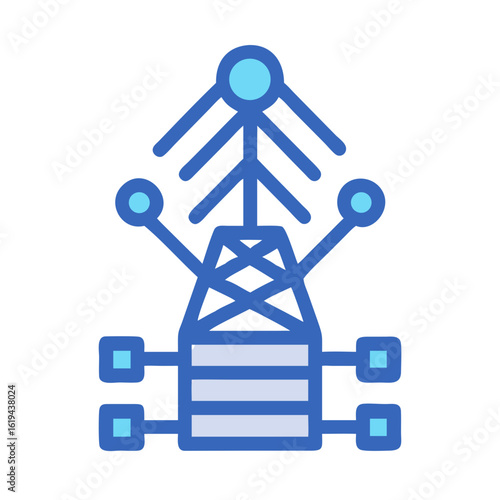 Blue icon illustration of data processing tower on black