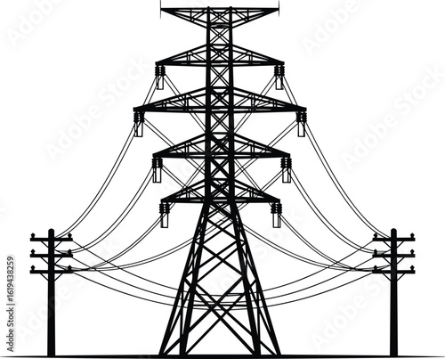 Electricity transmission tower with power lines and utility poles, black silhouette vector illustration, energy distribution grid concept on white background