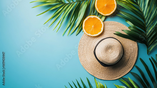 Summer tropical flat lay with beach straw hat palm leaves and sliced oranges vacation background for travel blogs and summer campaigns