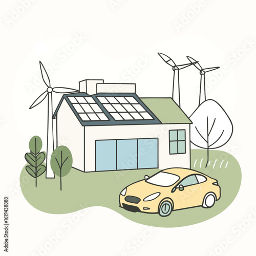 Modern eco friendly house with solar panels and electric car powered by wind turbines silhouette