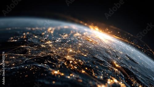 Earth's night side, illuminated by city lights and connecting lines