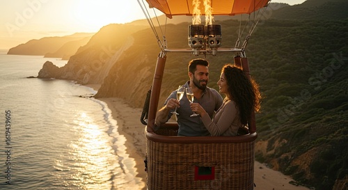 Romantic hot air balloon ride over coastline