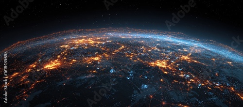 Earth at night, viewed from space, showing city lights