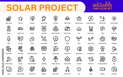 Solar panel color icon set with sun power photovoltaic (PV) home system and renewable electric energy technology glyph symbols: off the grid (OTG), inverter, charge controller, battery, meter.
