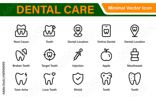 Dental Care icon set. Containing tooth, dentist, toothpaste, toothbrush, teeth, implant and dentistry icons. Solid icon collection.