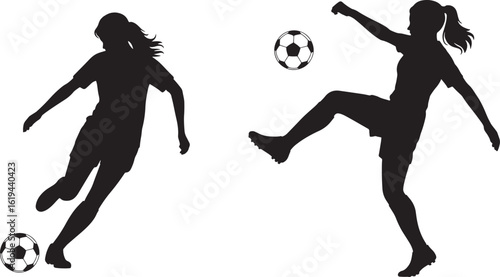 Two Female Soccer Players Silhouetted in Action with Soccer Balls football woman