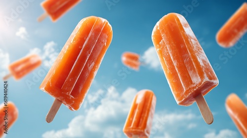 Creative Photo of Orange Popsicles Flying in the Air with a Blue Sky Background – Suitable for Use in Blog Posts, Social Media Posts, and Website Content Related to Summer, Food, and Beverages Themes.