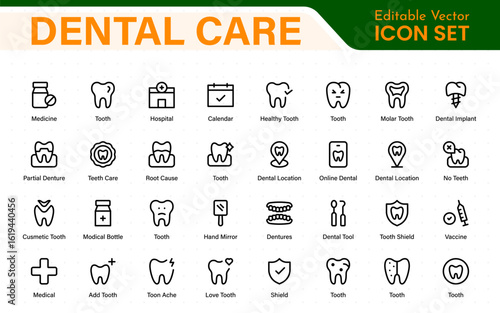 Dental Care icon set. Containing tooth, dentist, toothpaste, toothbrush, teeth, implant and dentistry icons. Solid icon collection.
