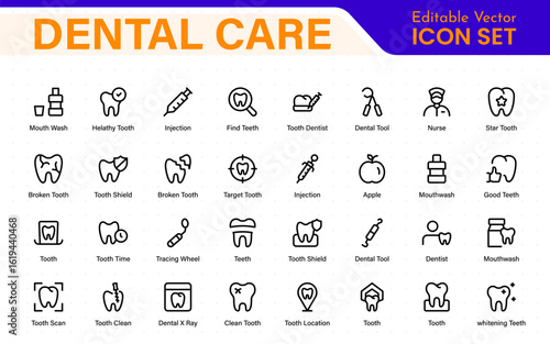 Dental Care icon set. Containing tooth, dentist, toothpaste, toothbrush, teeth, implant and dentistry icons. Solid icon collection.