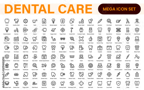 Dental Care icon set. Containing tooth, dentist, toothpaste, toothbrush, teeth, implant and dentistry icons. Solid icon collection.