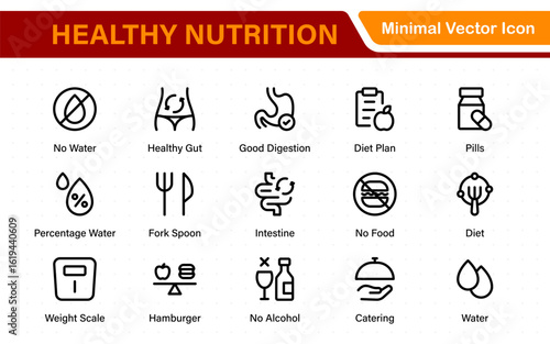 Healthy Nutrition icon set. vegetables, water, meal planning, fruits, dietary fiber, protein, vitamins, healthy fats, and carbohydrate icons. Solid icon collection.