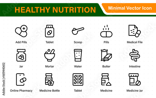 Healthy Nutrition icon set. vegetables, water, meal planning, fruits, dietary fiber, protein, vitamins, healthy fats, and carbohydrate icons. Solid icon collection.