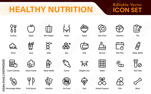 Healthy Nutrition icon set. vegetables, water, meal planning, fruits, dietary fiber, protein, vitamins, healthy fats, and carbohydrate icons. Solid icon collection.