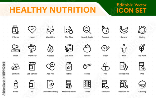 Healthy Nutrition icon set. vegetables, water, meal planning, fruits, dietary fiber, protein, vitamins, healthy fats, and carbohydrate icons. Solid icon collection.
