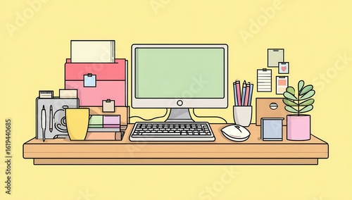 Flat lay of a pastel-colored home office workspace with computer, supplies, and plant