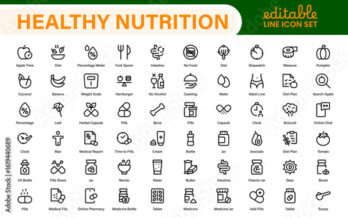 Healthy Nutrition icon set. vegetables, water, meal planning, fruits, dietary fiber, protein, vitamins, healthy fats, and carbohydrate icons. Solid icon collection.