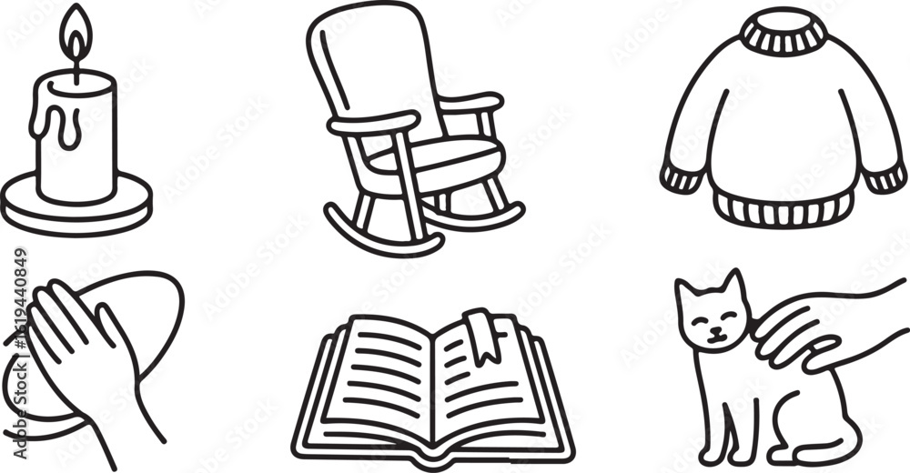 Obraz premium Hand-Drawn Comfort and Care Icons Candle Flame, Rocking Chair, Cozy Sweater, Book with Bookmark, and Petting a Cat
