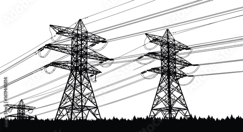 High voltage electricity pylons, power transmission towers in forest, energy lines silhouette, black and white vector, industrial infrastructure, landscape view