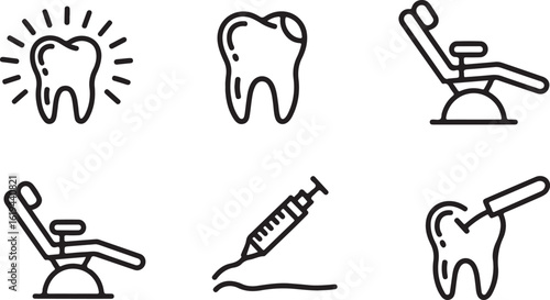 Hand-Drawn Dental Clinic Icons Pack Tooth X-Ray, Cavity Symbol, Dental Chair, Injection for Numbing, and Tooth Extraction