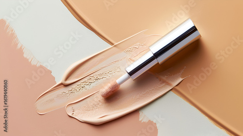Close up of a concealer applicator with smears of light and dark foundation on a neutral background .
