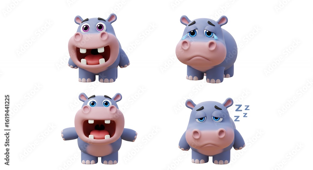 Fototapeta premium Cartoon hippopotamus expressions set