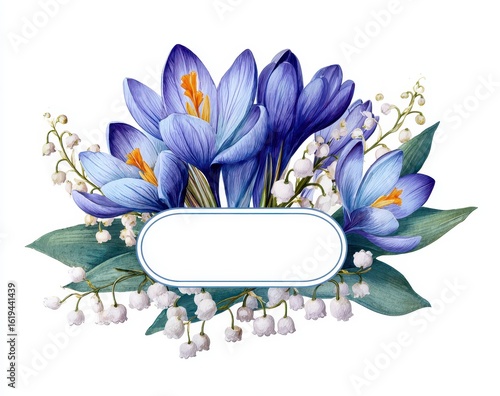 Floral bouquet, blue crocuses, white lilies of the valley, oval frame
