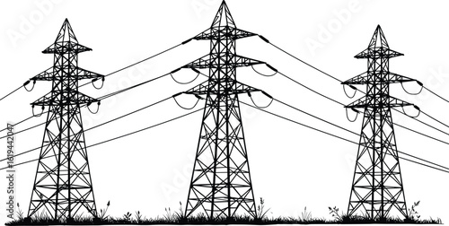 High voltage electricity pylons in grassy field, power transmission towers silhouette, energy grid infrastructure landscape, vector black and white