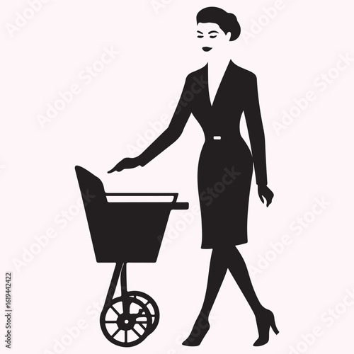 Air Hostess Walking with Trolley Silhouette Icon