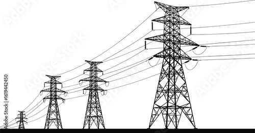 High voltage electricity pylons, power transmission towers, energy lines vector, black silhouette, electric infrastructure, utility cables, industrial grid, landscape view