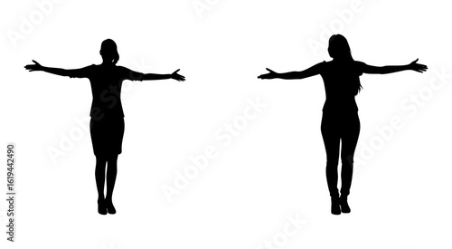 Set of women standing open his hands full black silhouette vector illustration design