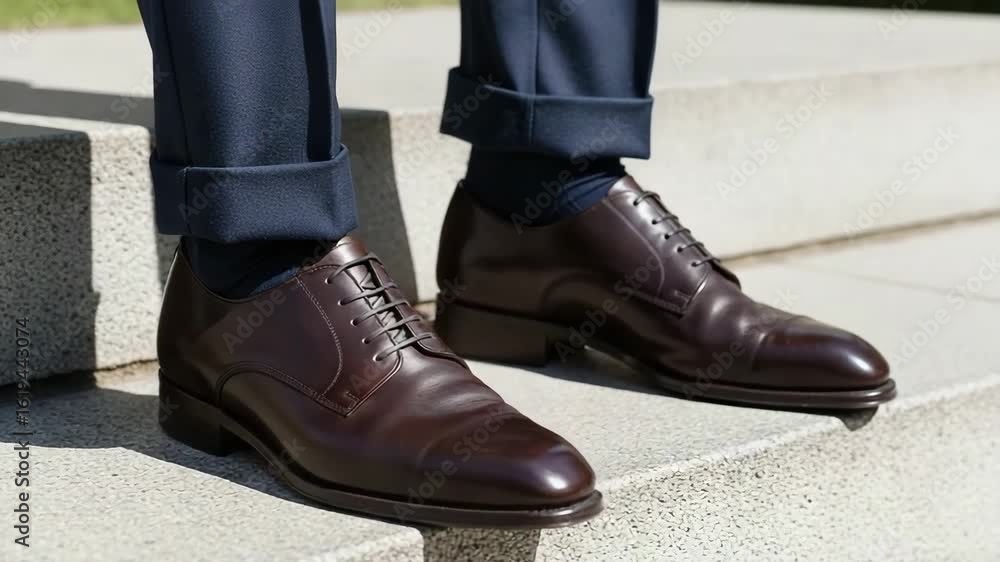 Close-up of leather shoes on the stairs of success, bright mood, stylish design Close-up of leather shoes on the stairs of success, bright mood, stylish design